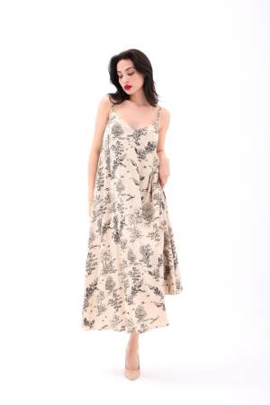 Beige Elegant Slip Midi Dress With V-Neck - Brand: Fame - Women's Clothing Wholesale - Globality Store