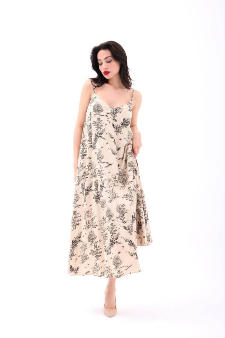 Beige Elegant Slip Midi Dress With V-Neck