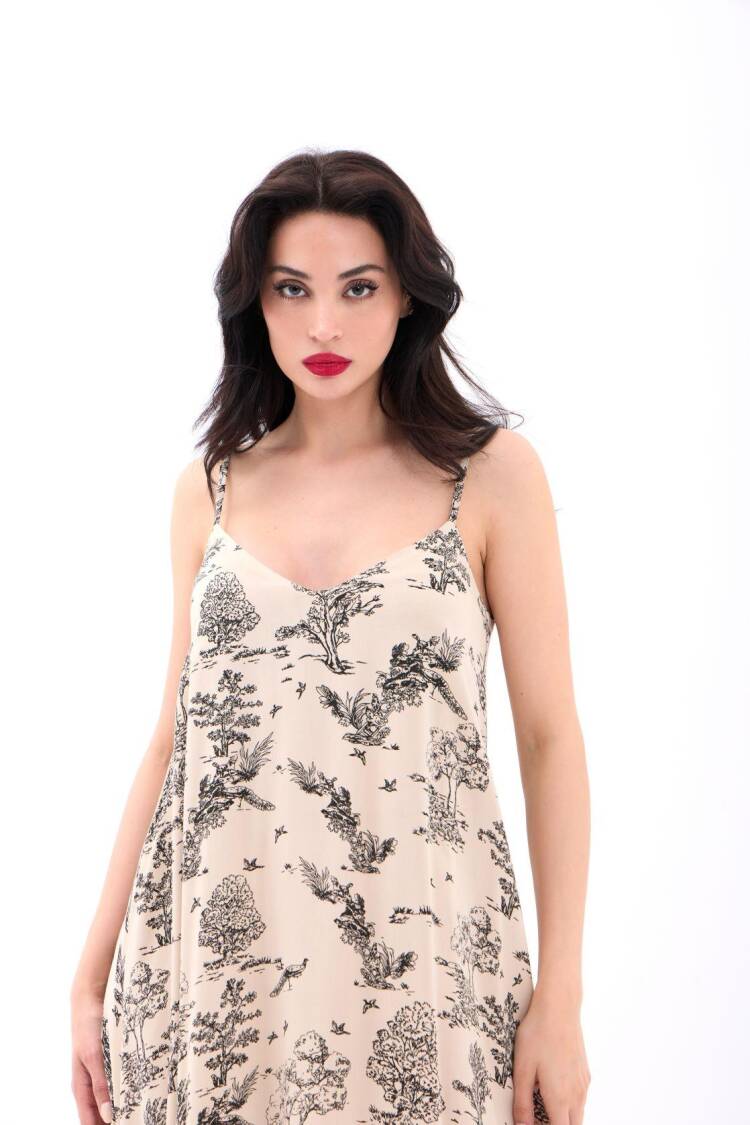Beige Elegant Slip Midi Dress With V-Neck