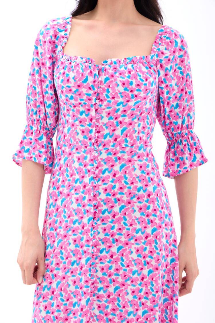 Fit And Flare Midi Dress With Ruffle Sleeves