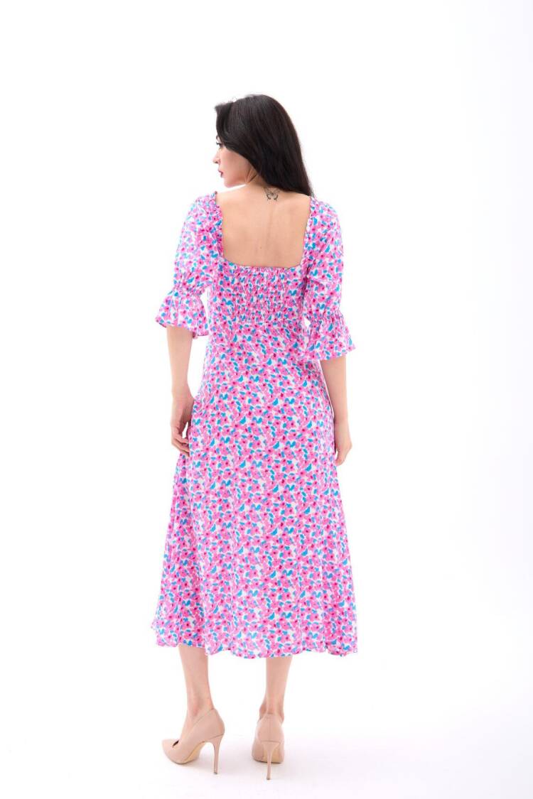 Fit And Flare Midi Dress With Ruffle Sleeves