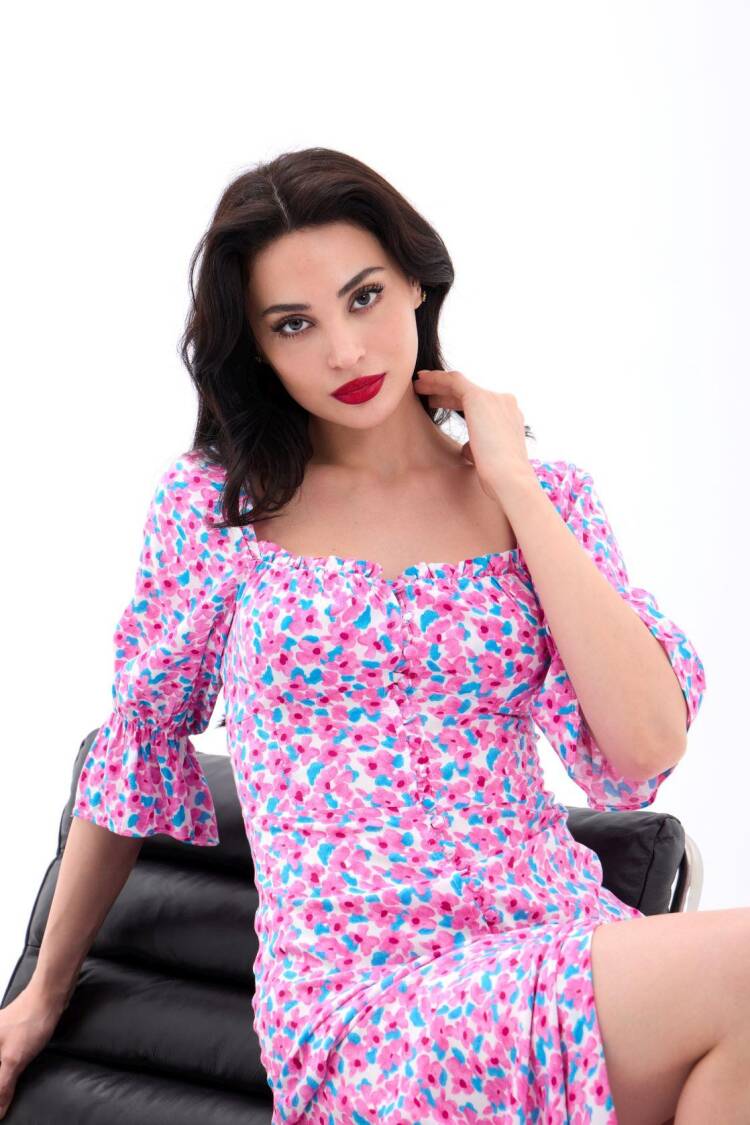Fit And Flare Midi Dress With Ruffle Sleeves
