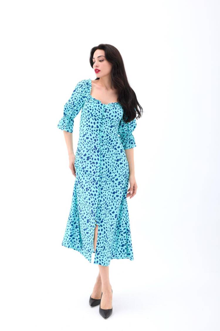 Animal Print Wrap Dress With Ruffle 3/4 Sleeves