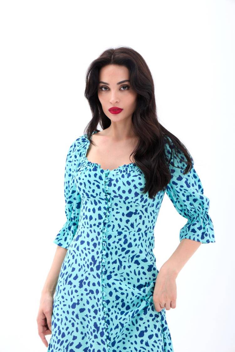 Animal Print Wrap Dress With Ruffle 3/4 Sleeves