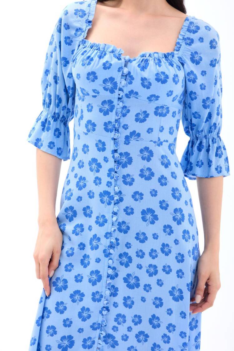 Floral Fit And Flare Midi Dress With Ruffle Sleeves