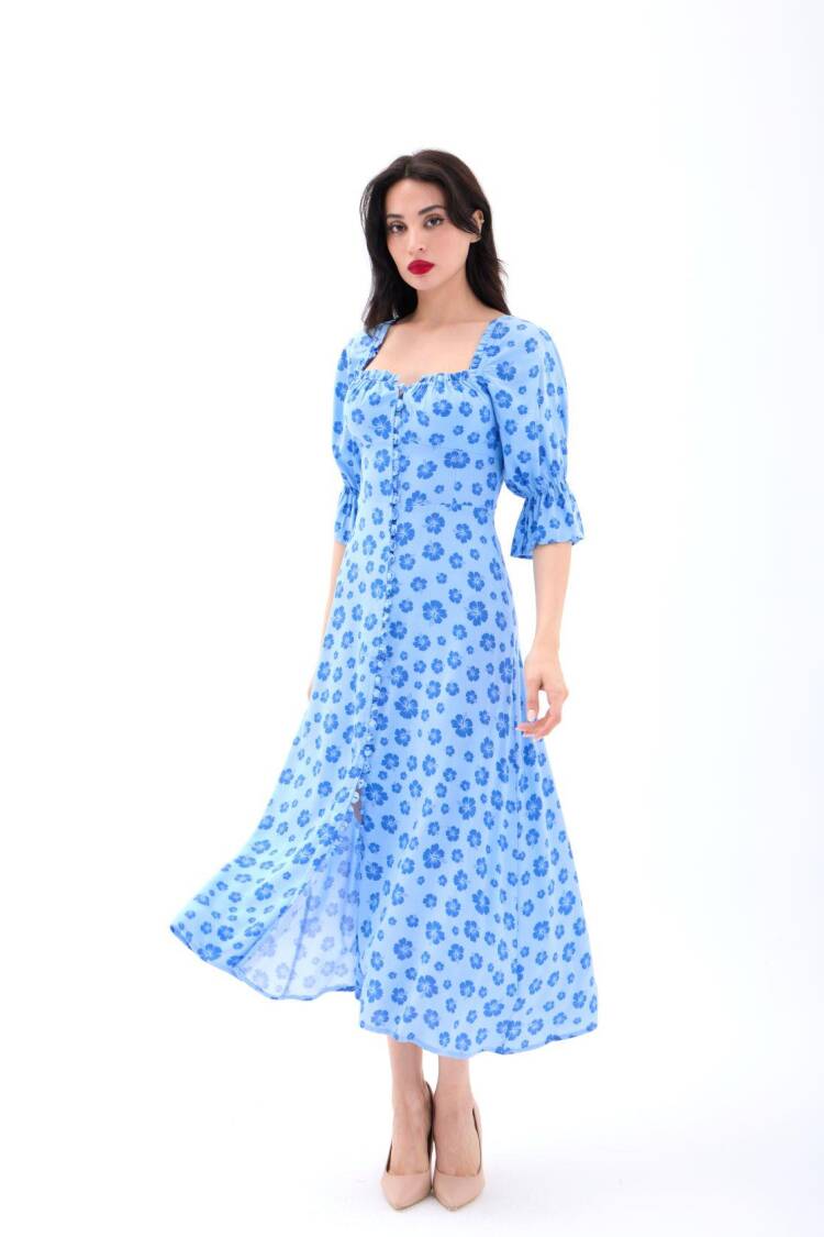 Floral Fit And Flare Midi Dress With Ruffle Sleeves