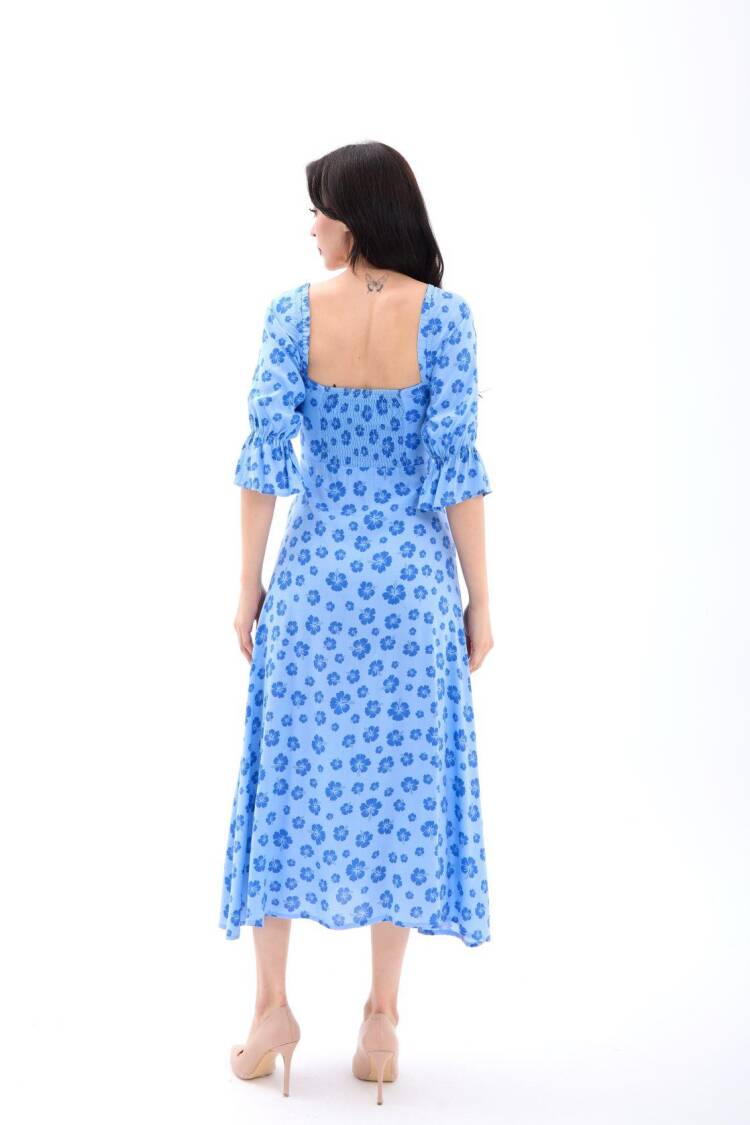 Floral Fit And Flare Midi Dress With Ruffle Sleeves