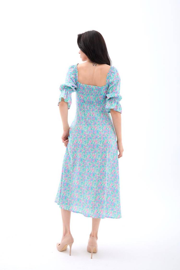 Fit And Flare Dress With Floral Ruffle Sleeves