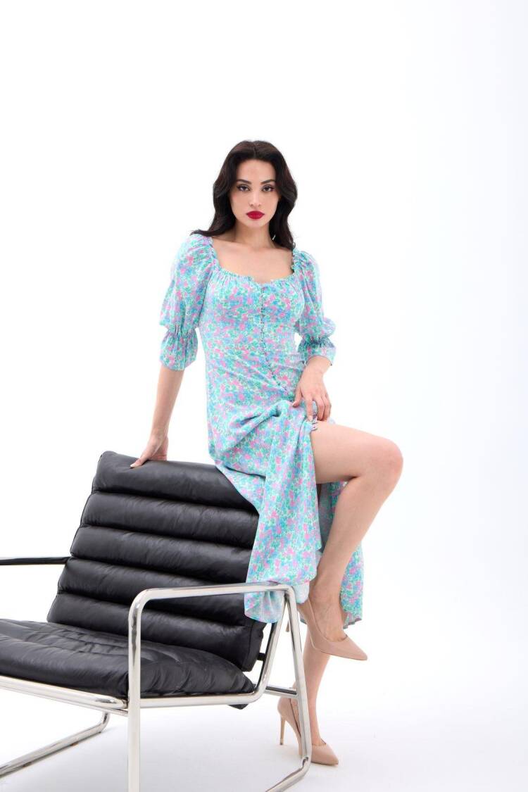 Fit And Flare Dress With Floral Ruffle Sleeves - Brand: Fame - Women's Clothing Wholesale - Globality Store