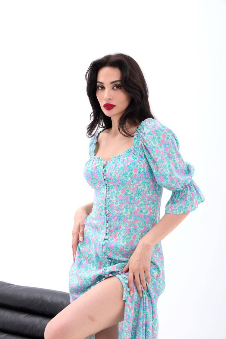 Fit And Flare Dress With Floral Ruffle Sleeves