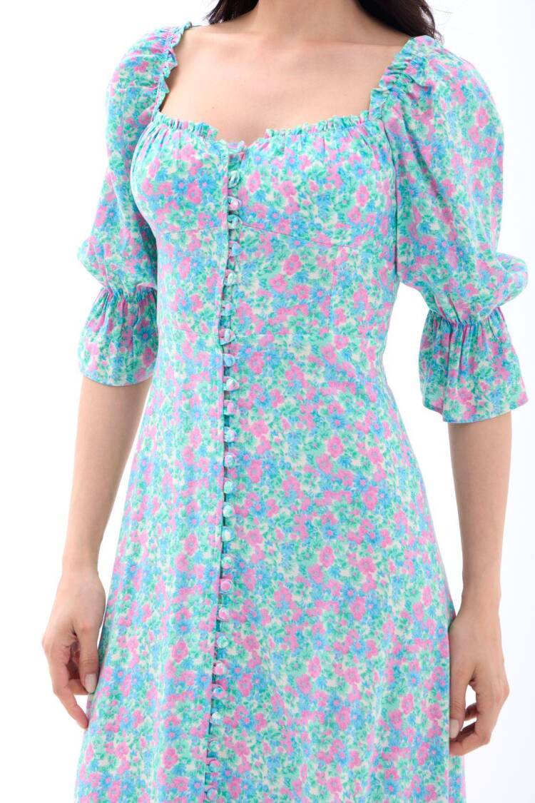 Fit And Flare Dress With Floral Ruffle Sleeves