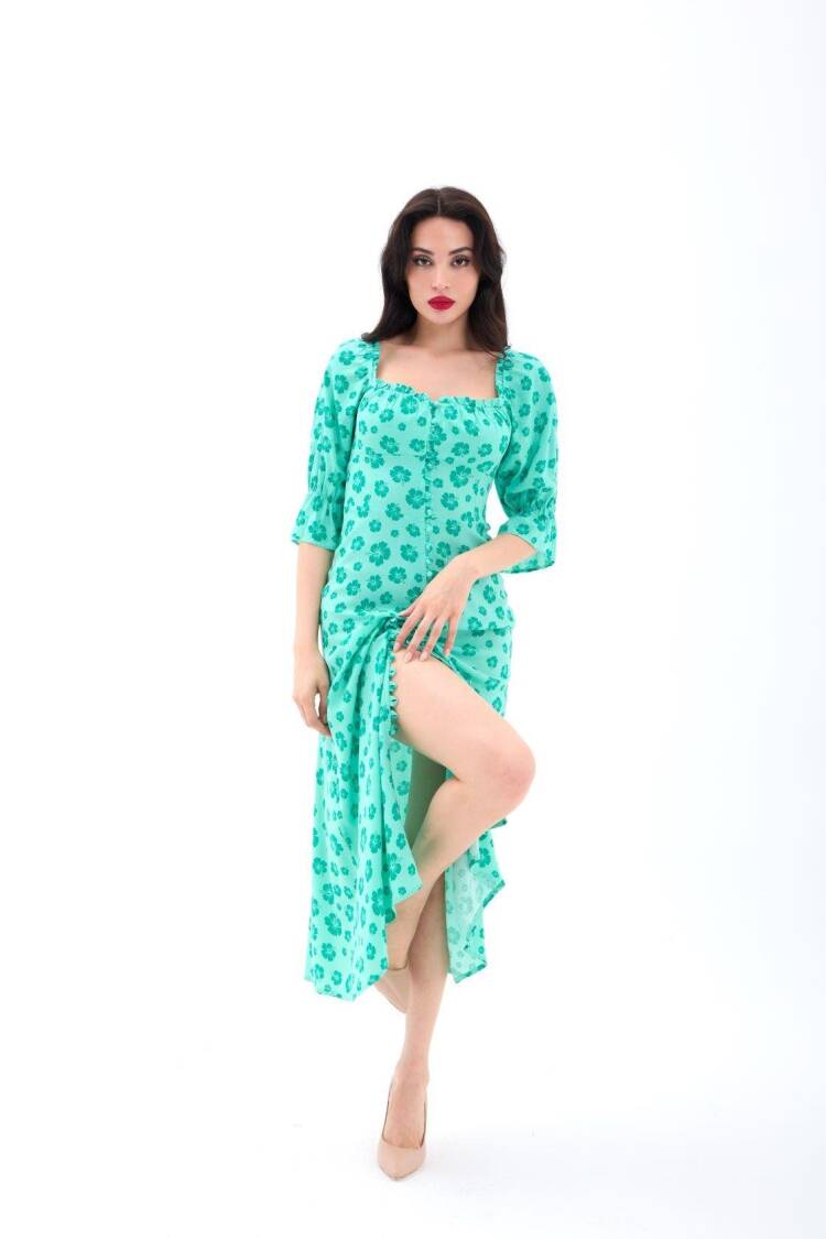 Green Floral Slip Dress With Ruffle 3/4 Sleeves - Brand: Fame - Women's Clothing Wholesale - Globality Store