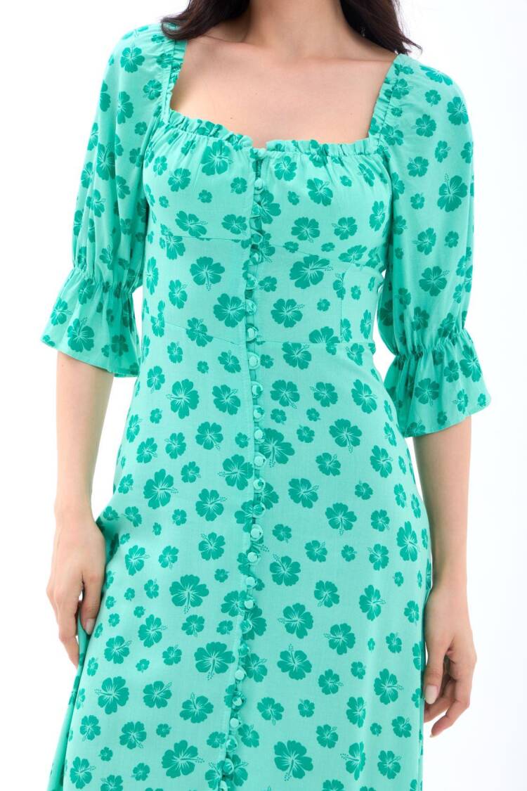 Green Floral Slip Dress With Ruffle 3/4 Sleeves