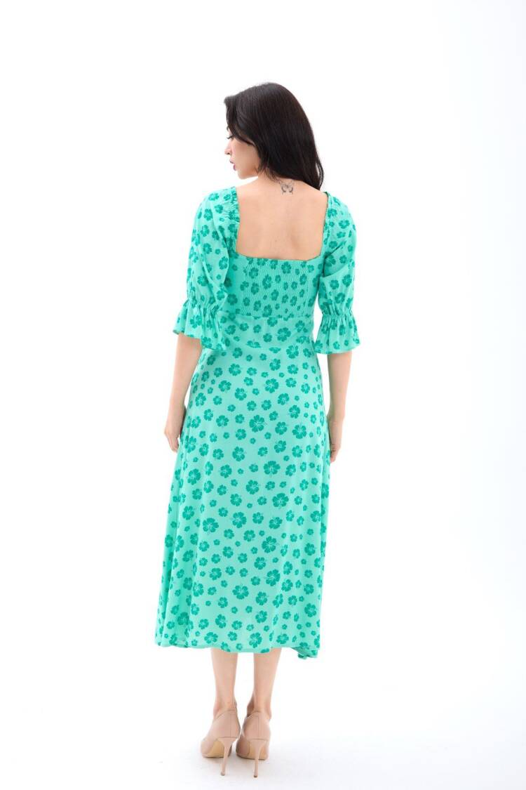 Green Floral Slip Dress With Ruffle 3/4 Sleeves