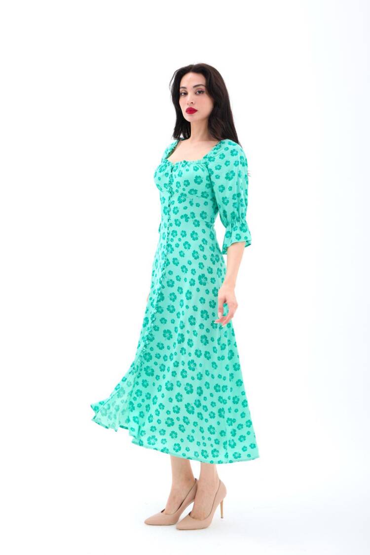 Green Floral Slip Dress With Ruffle 3/4 Sleeves