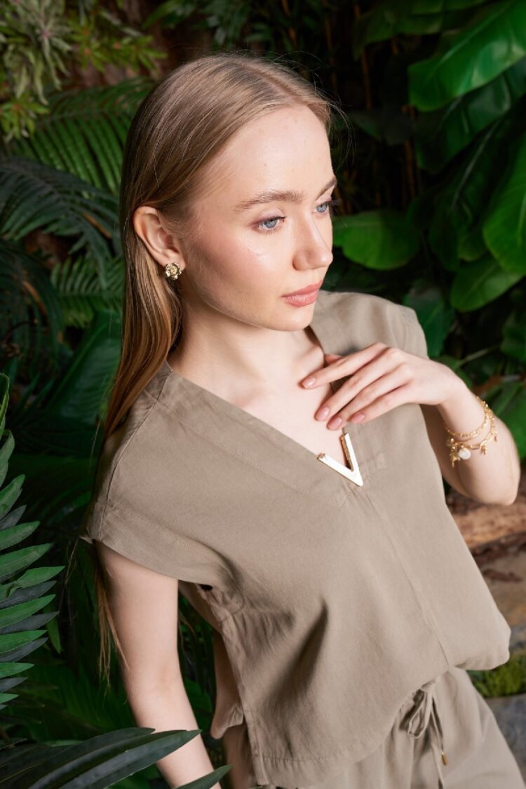 Khaki Blouse With V-Neck Sleeveless Cap Sleeve