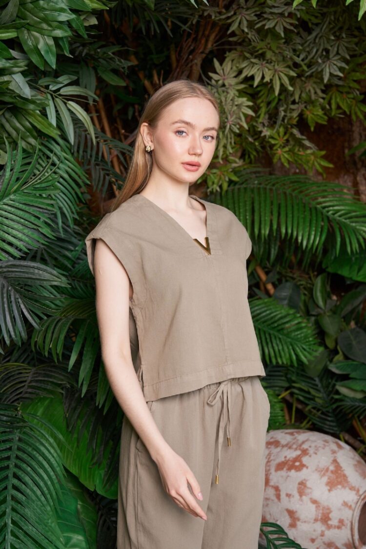 Khaki Blouse With V-Neck Sleeveless Cap Sleeve