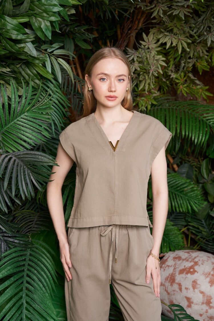Khaki Blouse With V-Neck Sleeveless Cap Sleeve