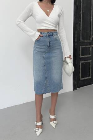 Blue High Waist Pencil Midi Skirt - Brand: XLove - Women's Clothing Wholesale - Globality Store