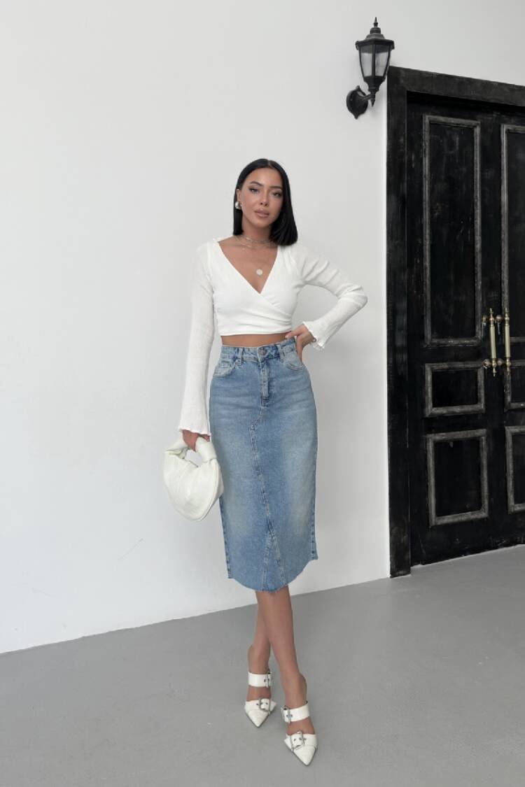 Blue High Waist Pencil Midi Skirt