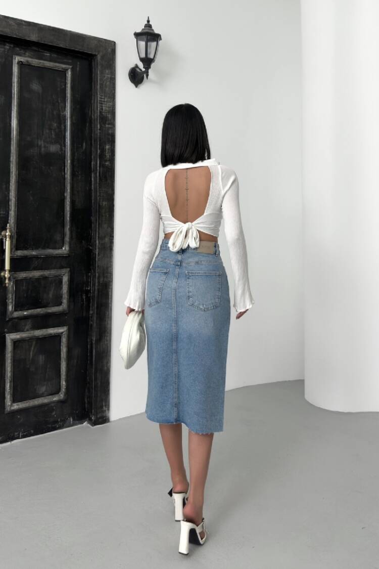 Blue High Waist Pencil Midi Skirt