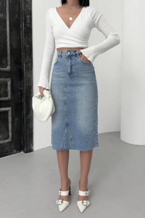 Blue High Waist Pencil Midi Skirt - Brand: XLove - Women's Clothing Wholesale - Globality Store