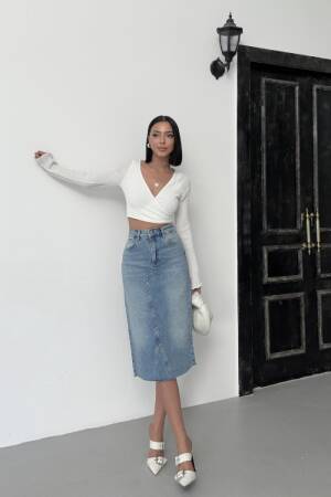 Blue High Waist Pencil Midi Skirt - Brand: XLove - Women's Clothing Wholesale - Globality Store