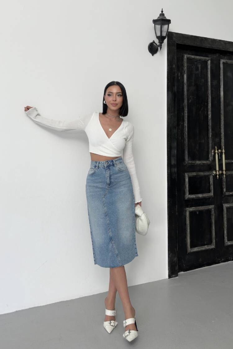 Blue High Waist Pencil Midi Skirt