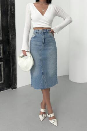 Blue High Waist Pencil Midi Skirt - Brand: XLove - Women's Clothing Wholesale - Globality Store
