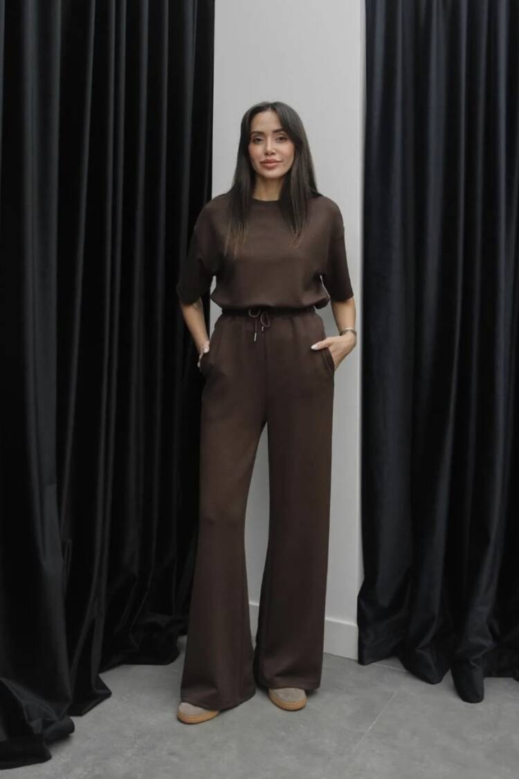 Brown Casual Suit With Wide Leg Palazzo Pants - Brand: Ezgi Nisantasi - Women's Clothing Wholesale - Globality Store