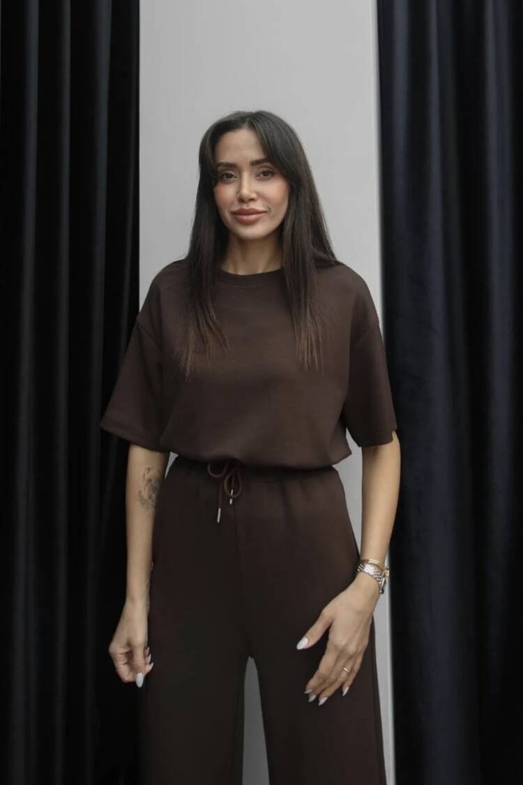 Brown Casual Suit With Wide Leg Palazzo Pants