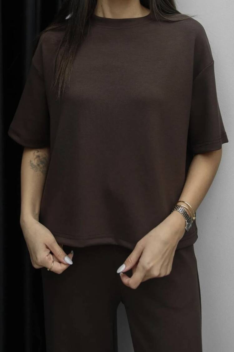 Brown Casual Suit With Wide Leg Palazzo Pants