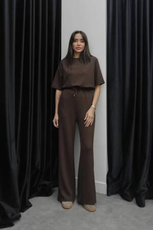 Brown Casual Suit With Wide Leg Palazzo Pants - Brand: Ezgi Nisantasi - Women's Clothing Wholesale - Globality Store