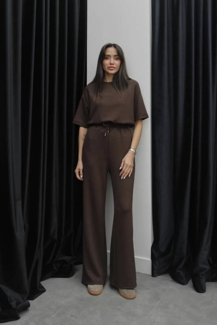 Brown Casual Suit With Wide Leg Palazzo Pants
