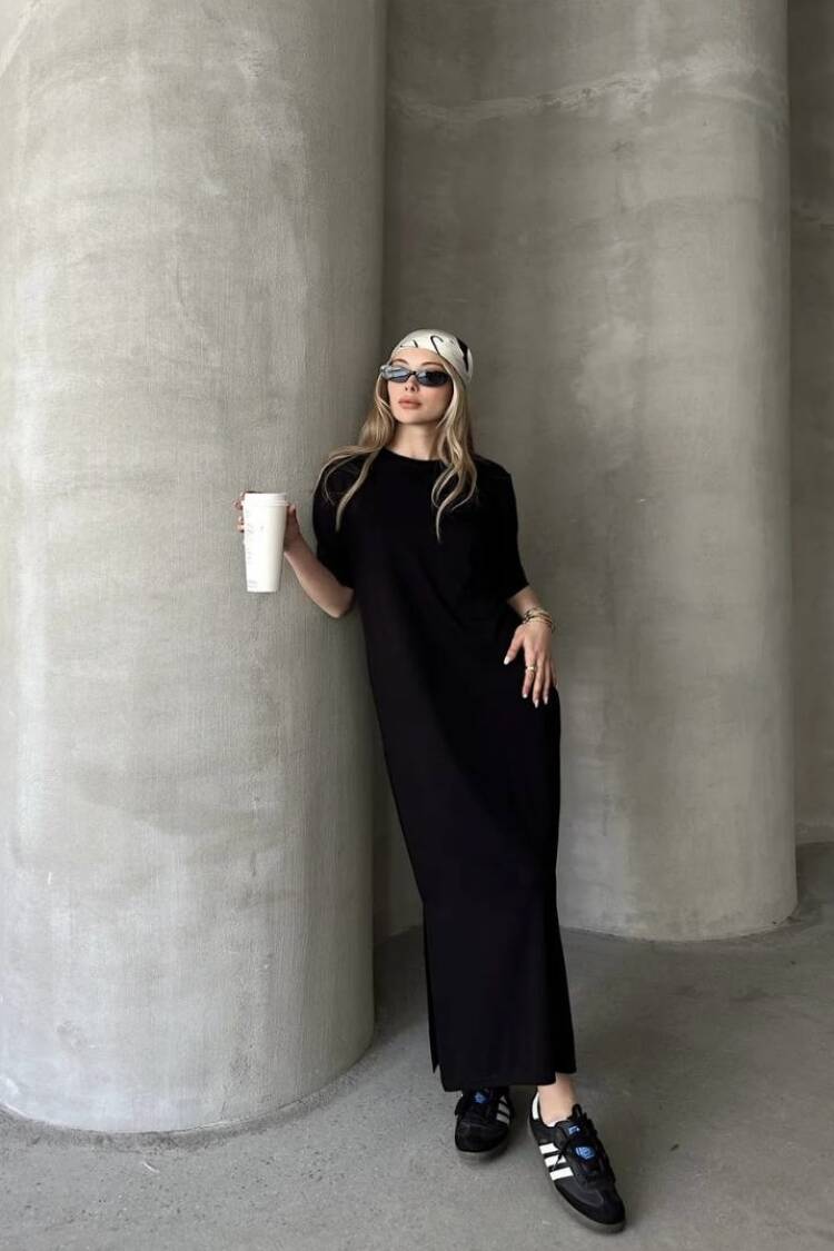 Black Casual Streetwear Maxi T-shirt Dress