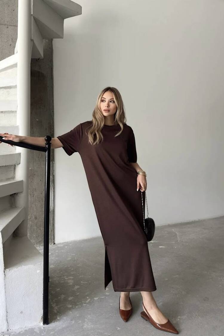 Brown Elegant Shift Midi Dress - Brand: Ezgi Nisantasi - Women's Clothing Wholesale - Globality Store
