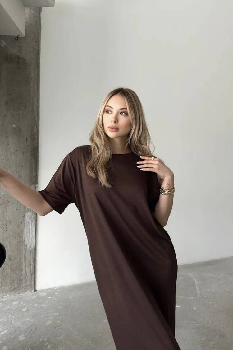 Brown Elegant Shift Midi Dress