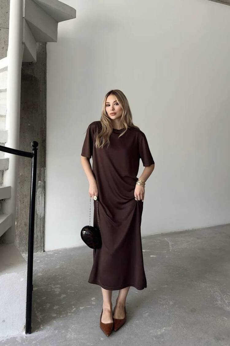 Brown Elegant Shift Midi Dress