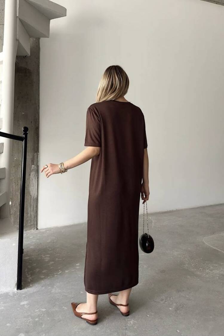 Brown Elegant Shift Midi Dress