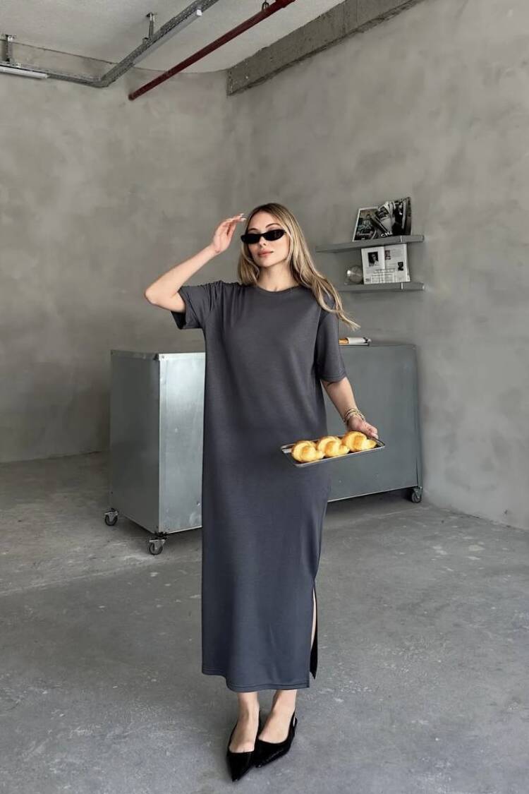 Grey Shift Dress With Round Neck And Regular Sleeves - Brand: Ezgi Nisantasi - Women's Clothing Wholesale - Globality Store