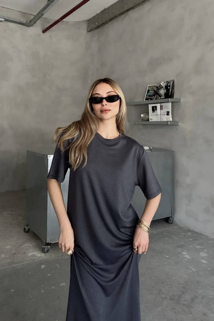 Grey Shift Dress With Round Neck And Regular Sleeves
