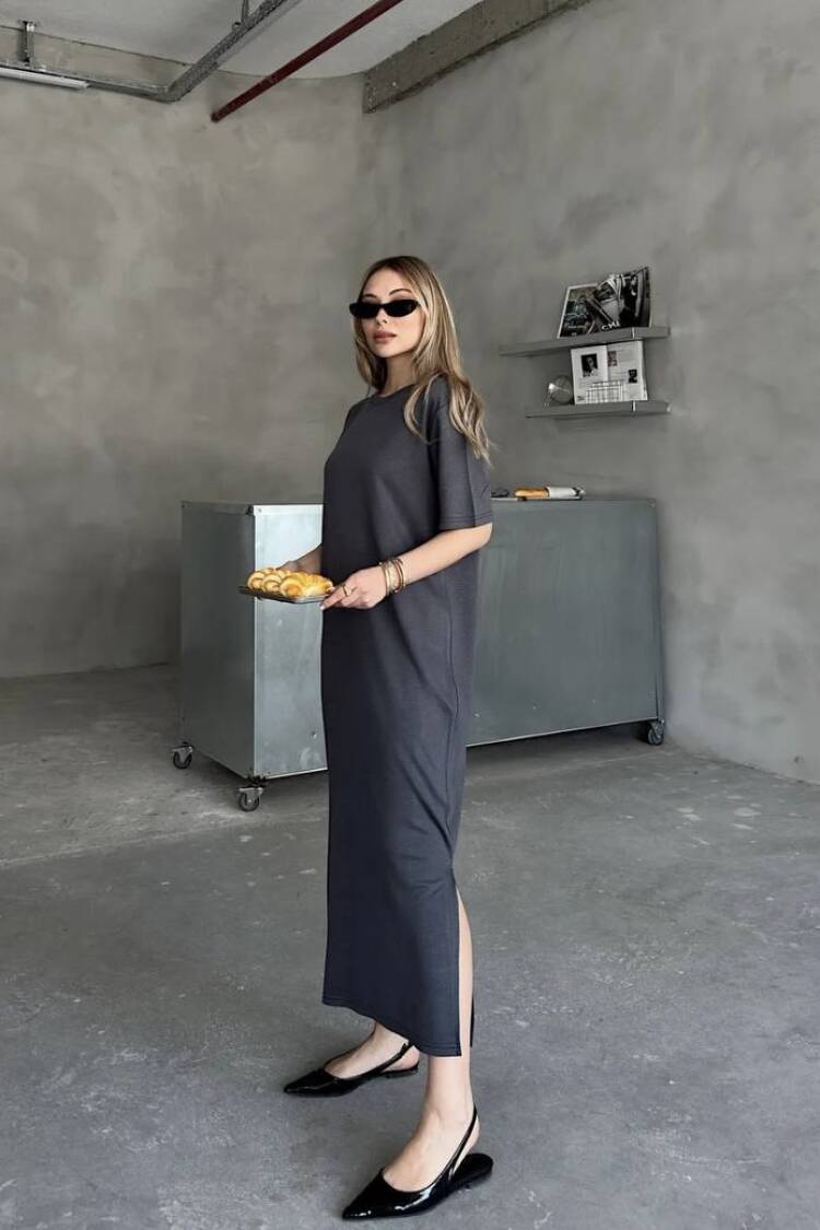 Grey Shift Dress With Round Neck And Regular Sleeves