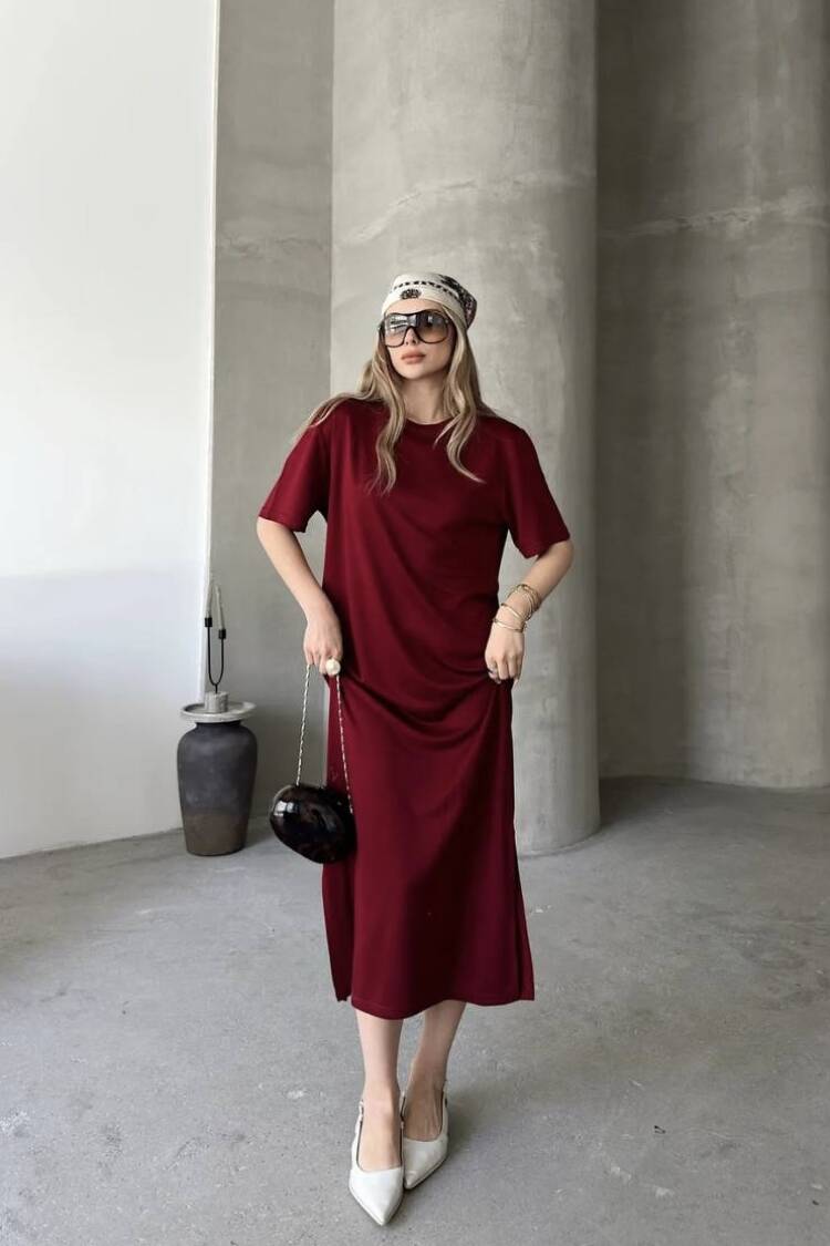 Claret Red Shift Midi Dress With Round Neck - Brand: Ezgi Nisantasi - Women's Clothing Wholesale - Globality Store