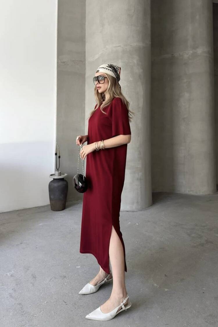 Claret Red Shift Midi Dress With Round Neck
