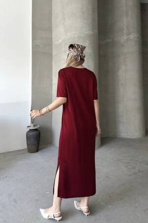 Claret Red Shift Midi Dress With Round Neck - Brand: Ezgi Nisantasi - Women's Clothing Wholesale - Globality Store