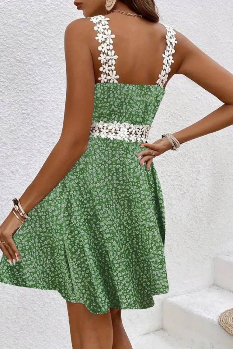 Green Floral A-Line Dress With V-Neck And Cap Sleeves