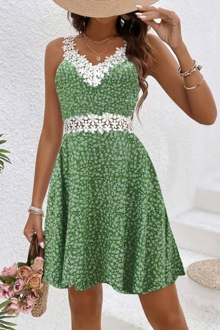 Green Floral A-Line Dress With V-Neck And Cap Sleeves