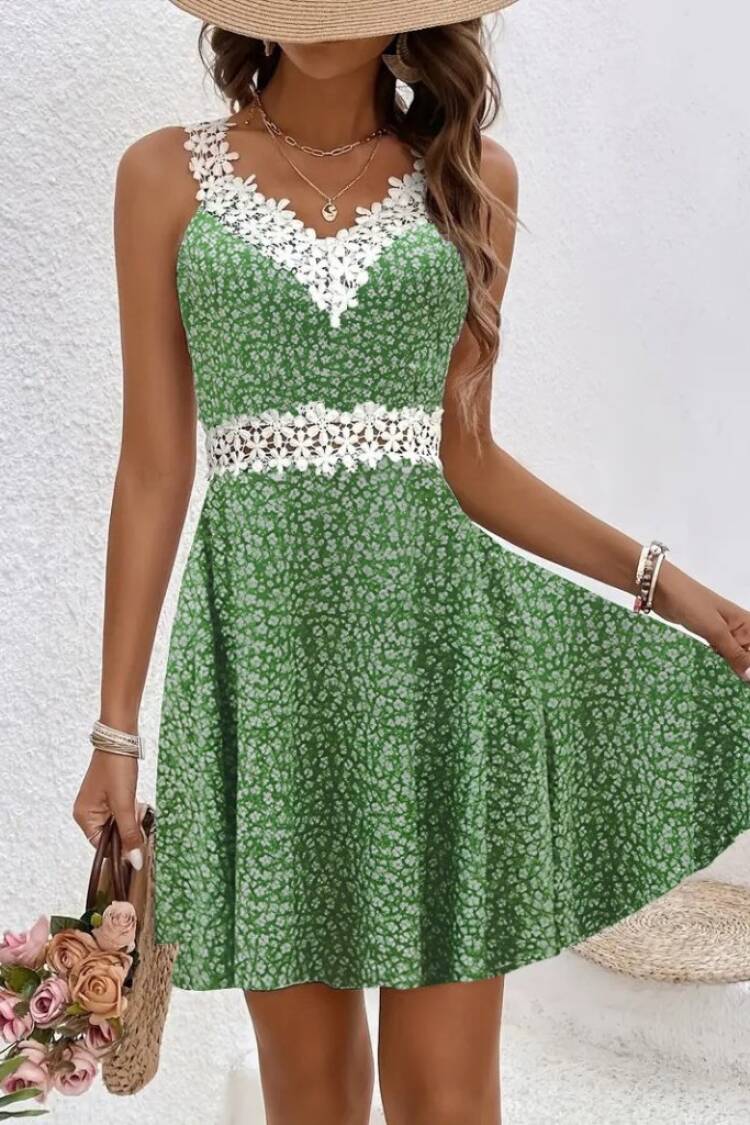 Green Floral A-Line Dress With V-Neck And Cap Sleeves - Brand: Janes - Women's Clothing Wholesale - Globality Store