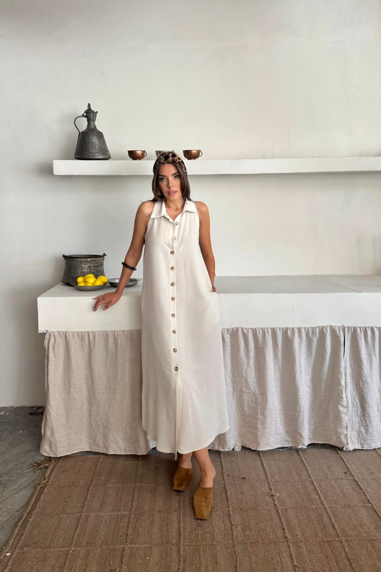 Beige Sleeveless Polo Neck Shirt Dress Midi