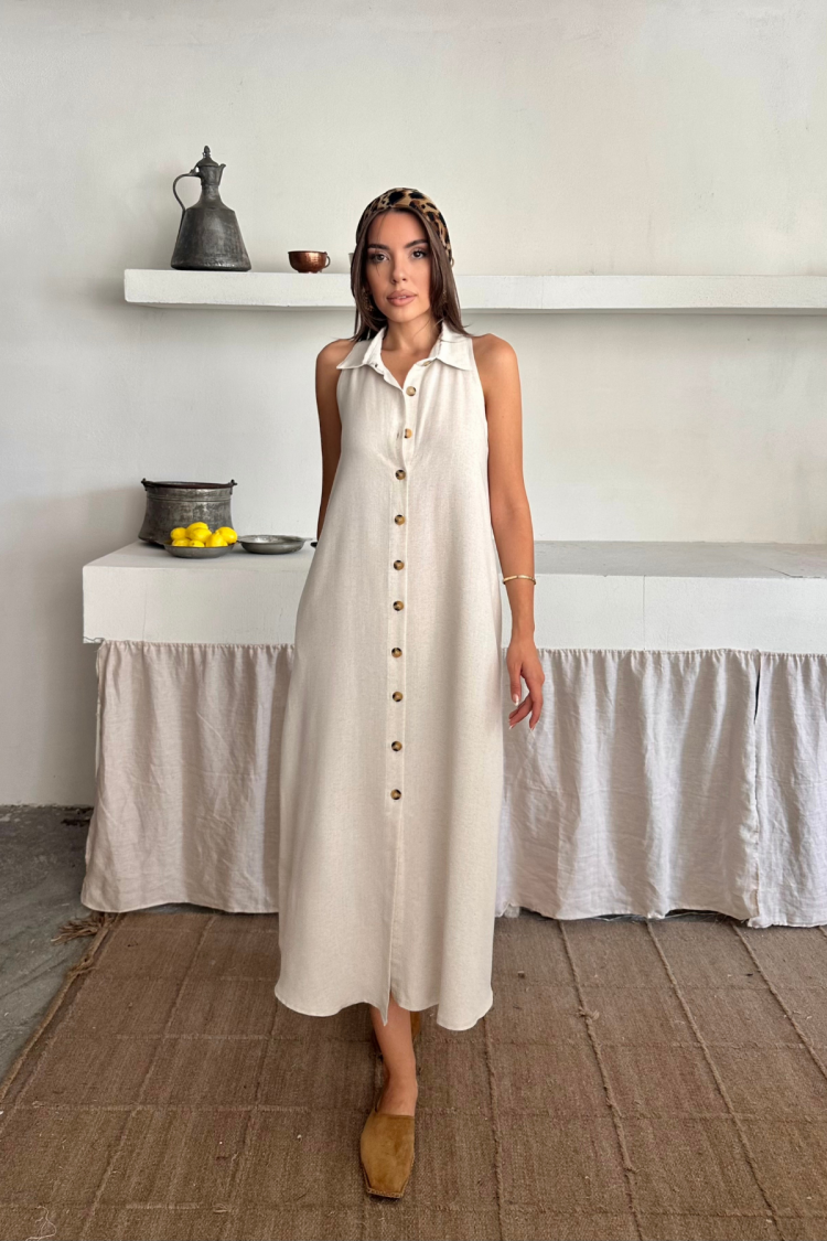 Beige Sleeveless Polo Neck Shirt Dress Midi - Brand: Ello - Women's Clothing Wholesale - Globality Store